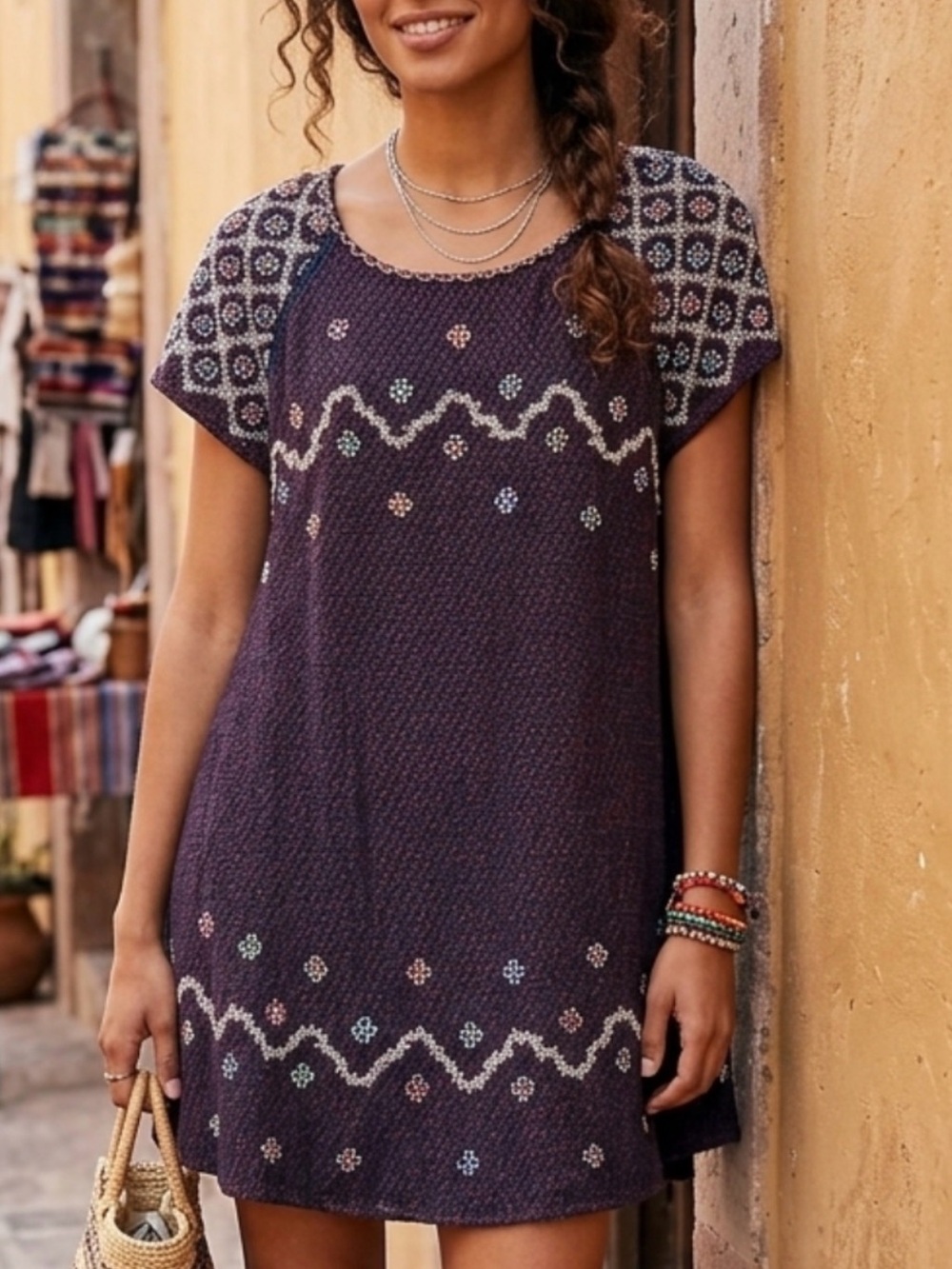 Free People Purple Embroidered Short Sleeve Tunic